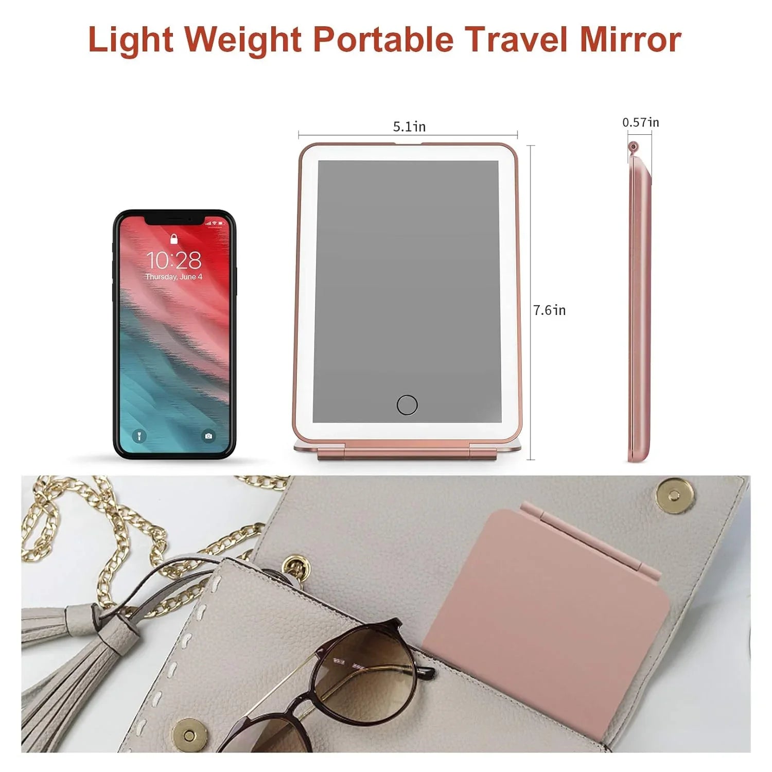 LED Foldable Travel Makeup Mirror 3 Colors Light Modes USB Rechargeable