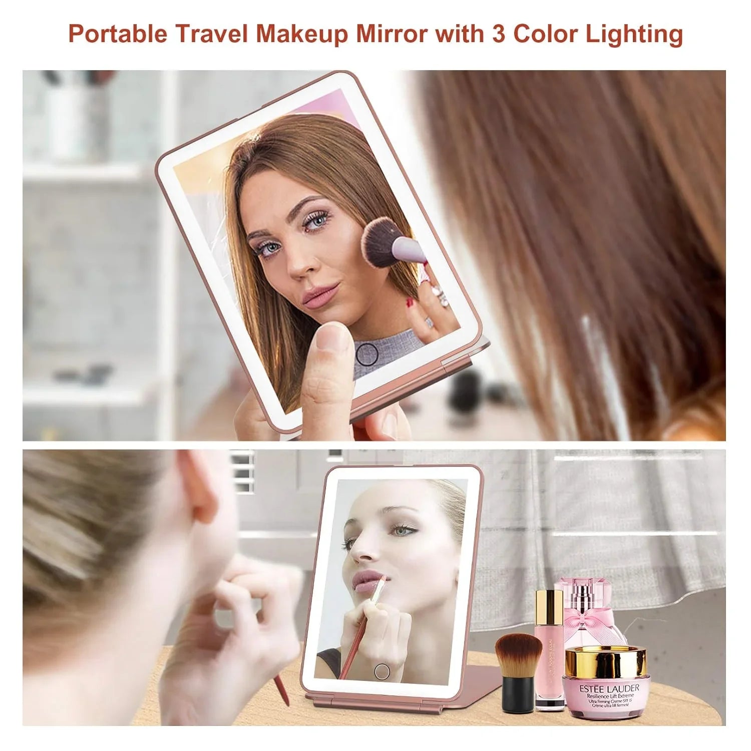 LED Foldable Travel Makeup Mirror 3 Colors Light Modes USB Rechargeable
