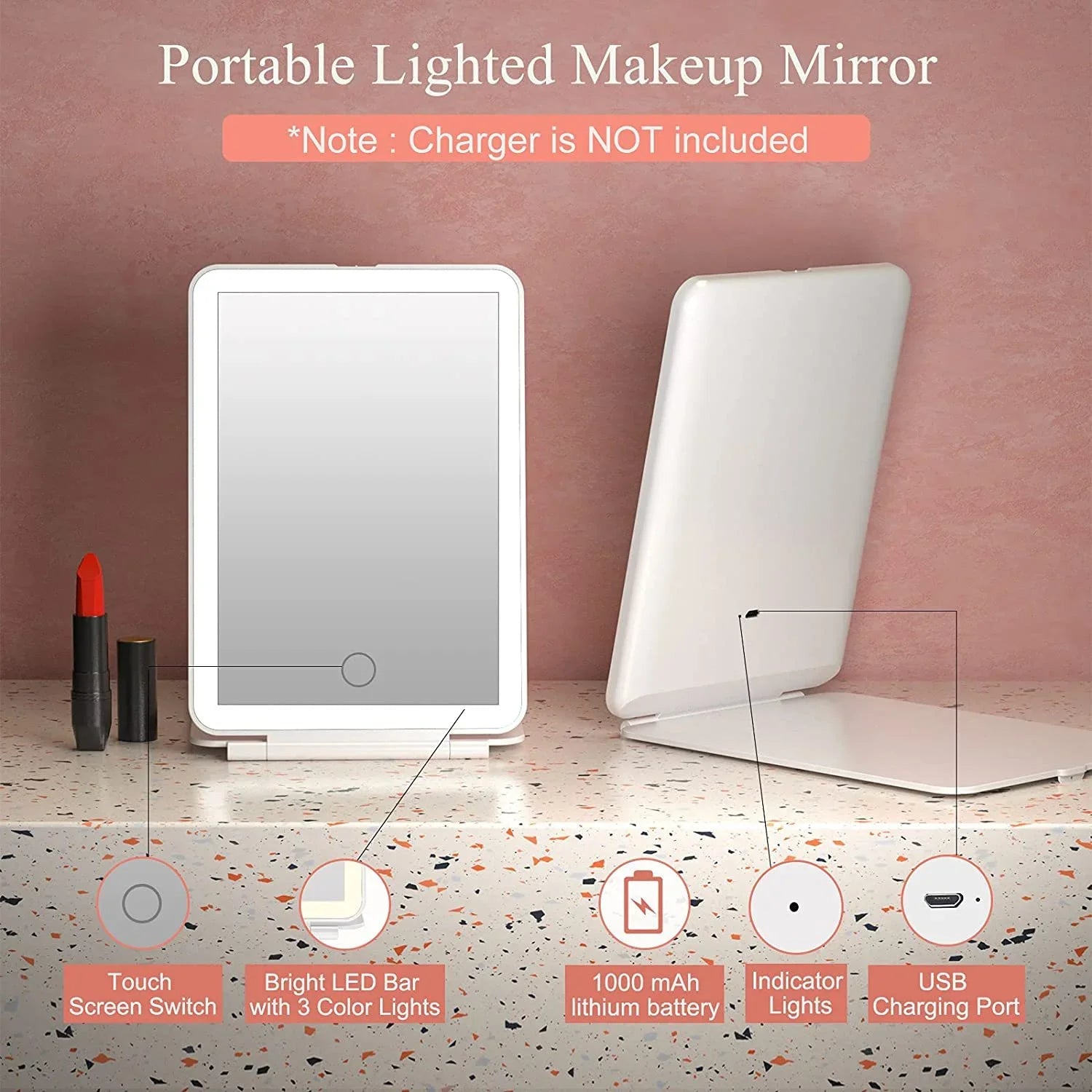 LED Foldable Travel Makeup Mirror 3 Colors Light Modes USB Rechargeable