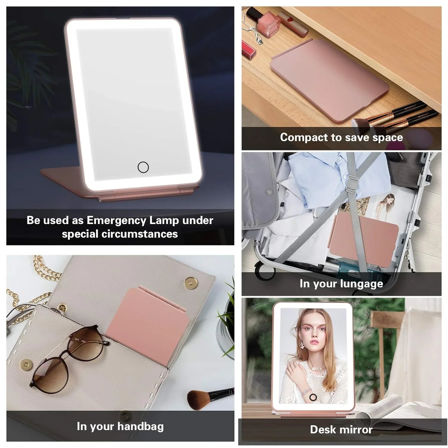 LED Foldable Travel Makeup Mirror 3 Colors Light Modes USB Rechargeable