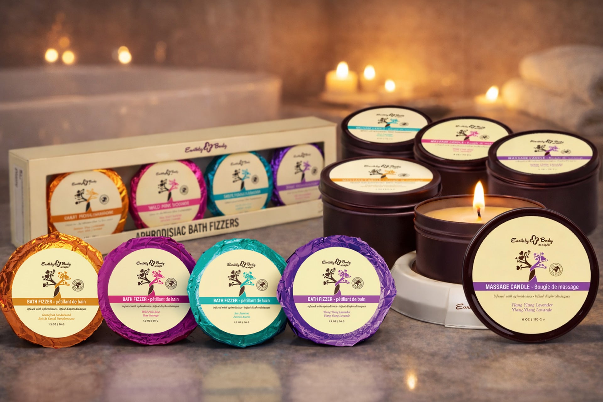 Earthly Body at Night Aphrodisiac PrePack Bath Fizzers and Candles 16pcs plus tester and candle warmer - Roliac